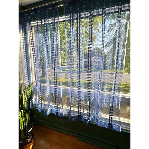 Vintage 70s curtains, groovy navy blue stripes, net woven panels, as a pair - Picture 2 of 10